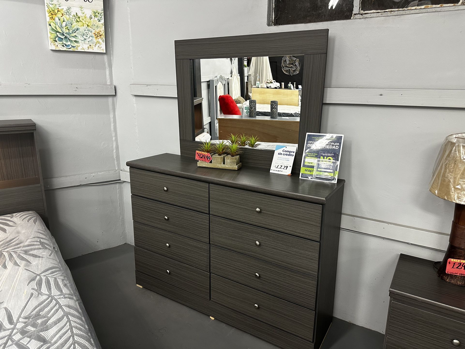 Grey 8 Drawer Compressed Wood Dresser With Mirror