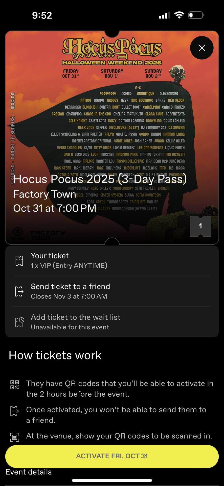 HOCUS POCUS 3-DAY VIP PASS (AUTHENTIC)