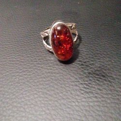 African Amber Silver Ring