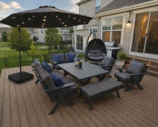 Grey Gracie Outdoor SUPER Bundle - 8-Pieces, 10 Seats, Dining Table, Umbrella