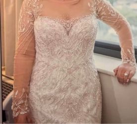 Long Sleeve Lace Mermaid Wedding Dress champagne, Women’s Justin Alexander Wedding Dress Size Large 12