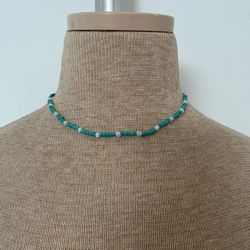 Teal & White Beaded Necklace