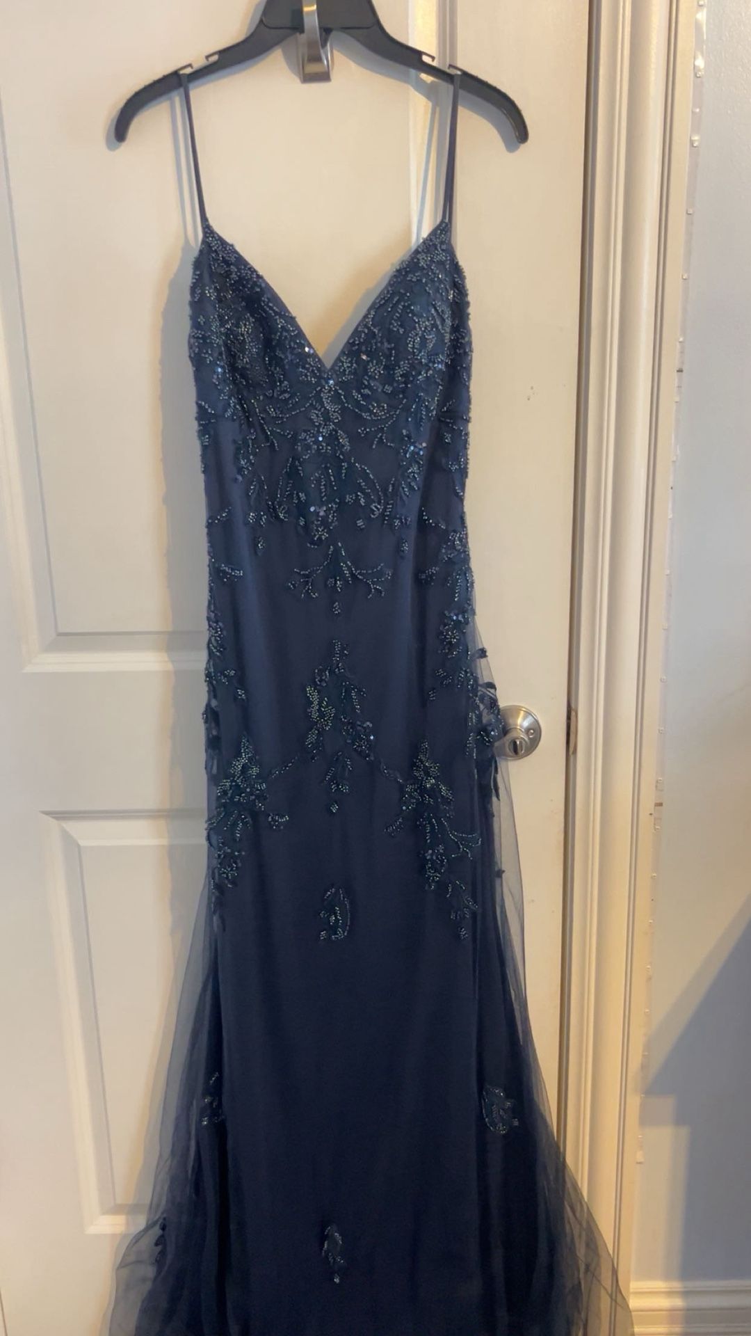Faviana Long Blue Gown Sweetheart Neck, Open Back, Sparkles Size 12