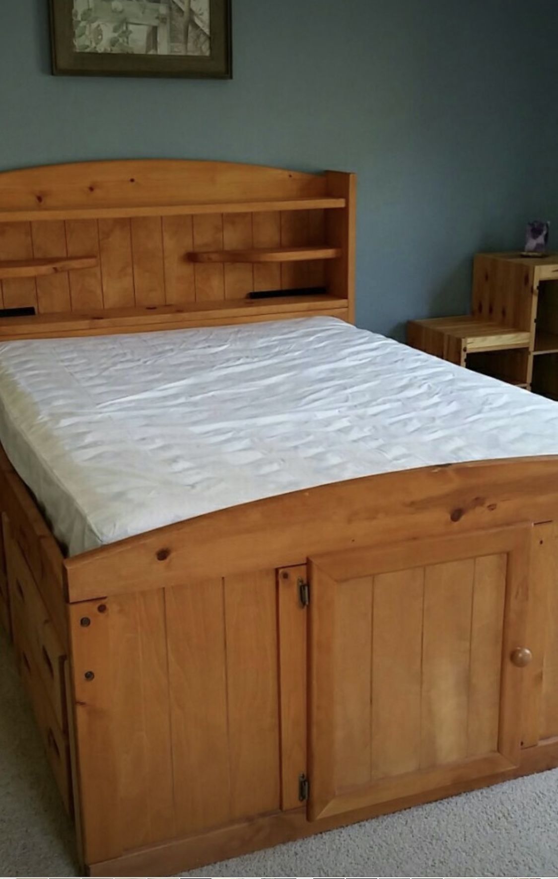 FULL SIZE CAPTAIN’S BED W/ HEADBOARD SHELVES, UNDERBED STORAGE AND 4 DRAWERS