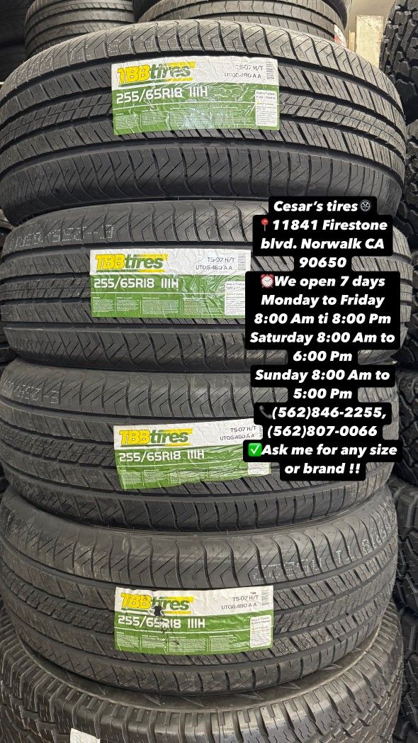 255/65R18 TBB HT A SET OF FOUR NEW TIRES, INCLUDES MOUNTING AND BALANCING WITH WARRANTY, ASK ME FOR ANY SIZE OR BRAND, WE HAVE THE BEST PRICES!!
