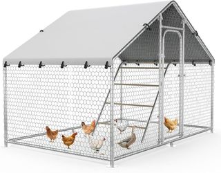 K524 $90  10 x 5 x 6.4 FT Metal Chicken Coop, Chicken Run with Cover Walk-in Chicken Coop,Side Hardware Cloth,Waterproof Cover,Roosting Perch,Reinforc