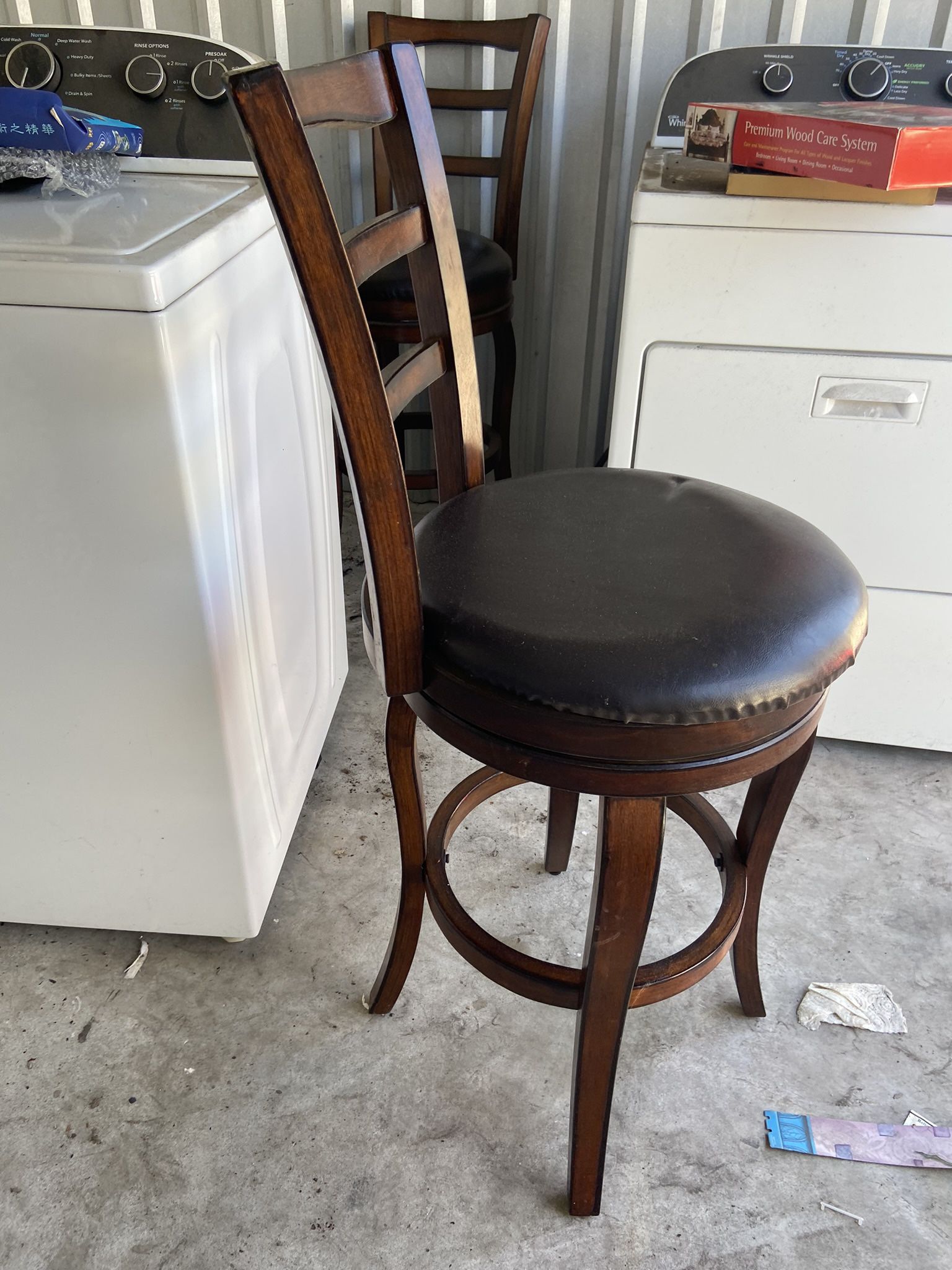2 Wood And Leather 30” Bar Stools With Care Kit