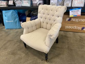 Beige Deep Tufted Roll Back Armchair With Dark Wooden Legs