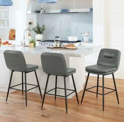 24”H Bar Stools Set of 3, Double-Layer Upholstered, for Home Kitchen, Gray