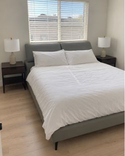 Modani Queen Size Gray Leather Bed + Nightstands – $550 Bundle