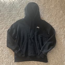 Stussy Black Hoodie Small Pocket Logo 100% Cotton Fleece Pullover No Flaws