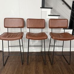 Set of 3 Modern Bar Stools – Faux Leather & Metal Base