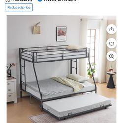 Zimtown Twin Over Full Metal Bunk Beds with Daybed Teens Kids Bed with Trundle Bed Frame for Boys Girls Furniture Dorm Gray