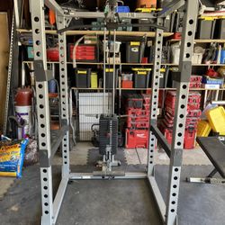 Squat Rack, Lat Pull/Low Row Machine & Free Weights