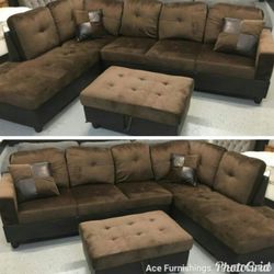 Brand New Brown Microfiber Sectional With Storage Ottoman 