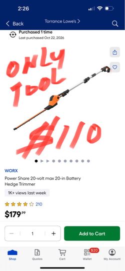 WORX Power Share 20-volt max 20-in Battery Hedge Trimmer only tool no battery no charger