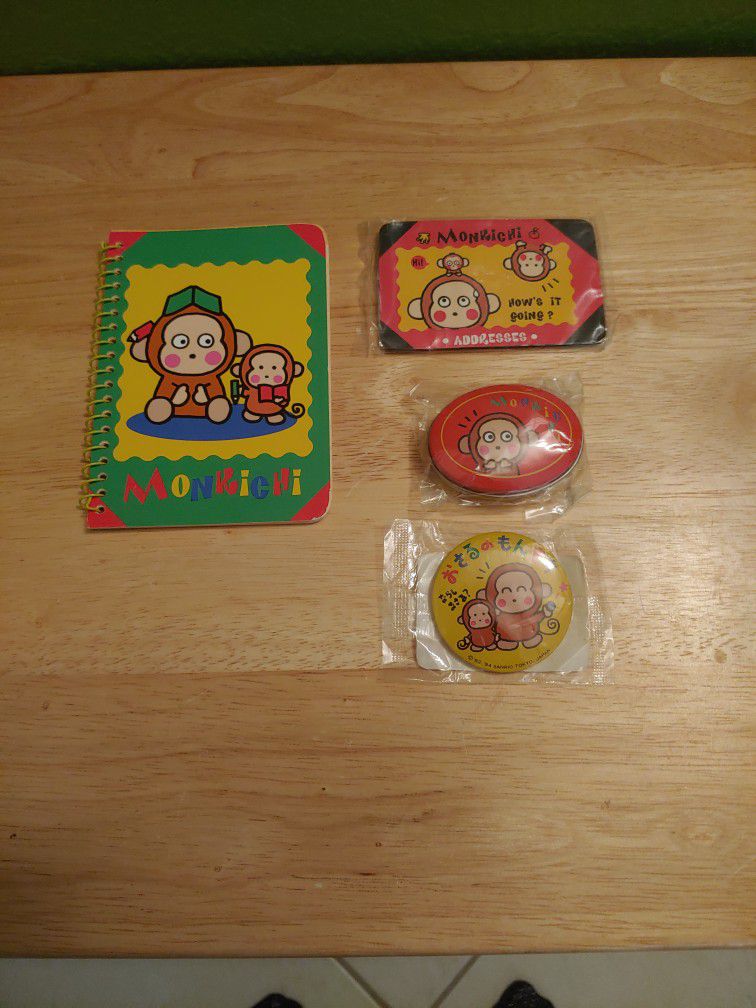 Monkichi Mini Tin, Button, Address Book And Notebook