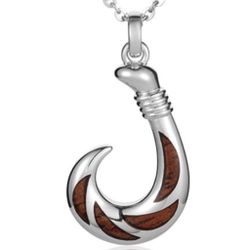 Large Solid 925 Sterling Silver Fish Hook with Koa Wood Inlay Pendant 