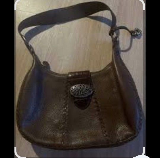 BRIGHTON Handbag Frankie Brown Pebbled Leather Shoulder Bag Hobo Siver Heart