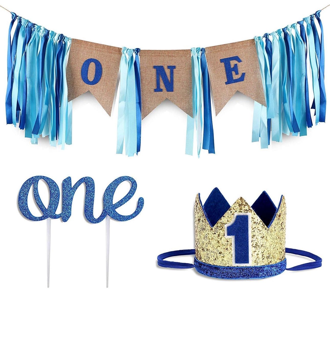 New Baby 1st Birthday Boy Decorations with Crown - Baby Boy First Birthday Decorations High Chair Banner - Cake Smash Party Supplies - Happy Birthday
