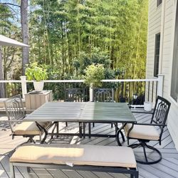 Brand New MFSTUDIO Patio Dining Set for 6, Outdoor Dining Set with 1 Bench, 2 Swivel Chairs, 2 Leg Chairs and 1 Rectangle Table