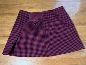 Zara Red Black Houndstooth Mini Skirt Wrap Front Button A-Line Made in Turkey