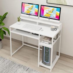 White Computer Home Office Desk 39" with Built In Monitor Stand, Storage Shelf & Reversible Shelf