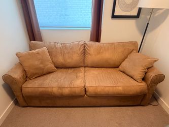 Tan Microsuede Queen sleeper Sofa with Pillows