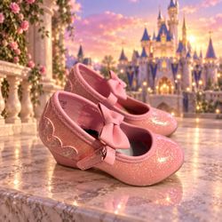 Disney Princess Cinderella Pink Glitter Bow Dress-Up Girls High Heel Shoes