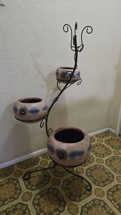 Black Iron & Pottery Triple Plant Stand 4'