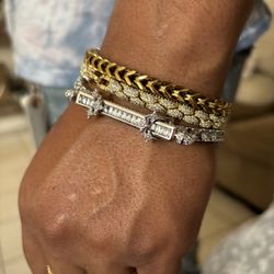 Iced Baguette Bar Bracelet 14k White Gold Plated With CZ Stones