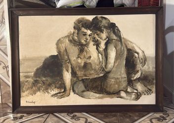Original painting of a couple sitting on the beach. 39x27