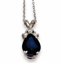 2.5ct Blue Sapphire 14k White Gold Diamond Pear Cut Drop Necklace 3.8 Grams 18"