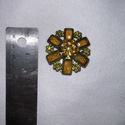 New 2” green & brown stone & crystal round brooch 