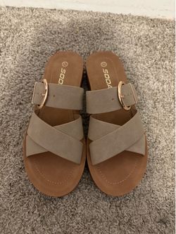 SODA Women's Taupe Buckle Criss-Cross Slide Sandals Size 7.5