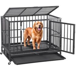 38 Inch Heavy Duty Indestructible Dog Crate Double Doors Escape Proof Cage Kennel,Enhanced Metal Dog Cage,Extra Large XL XXL Crate Indoor for Large Do