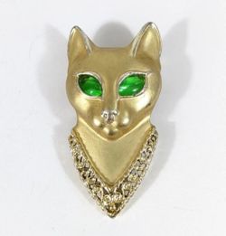 Egyptian Style Green Eyed Cat Head Brooch