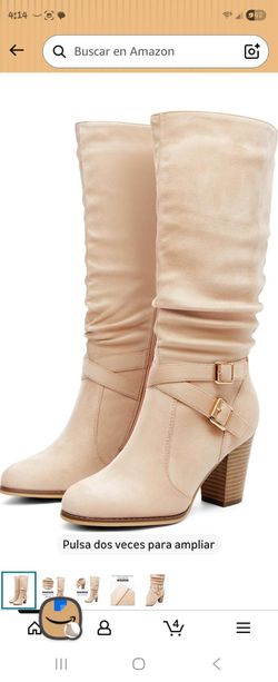 Ermonn Women's boots up to half knee with thick heel, baggy style, metal buckle, side zipper, fashionable winter shoes