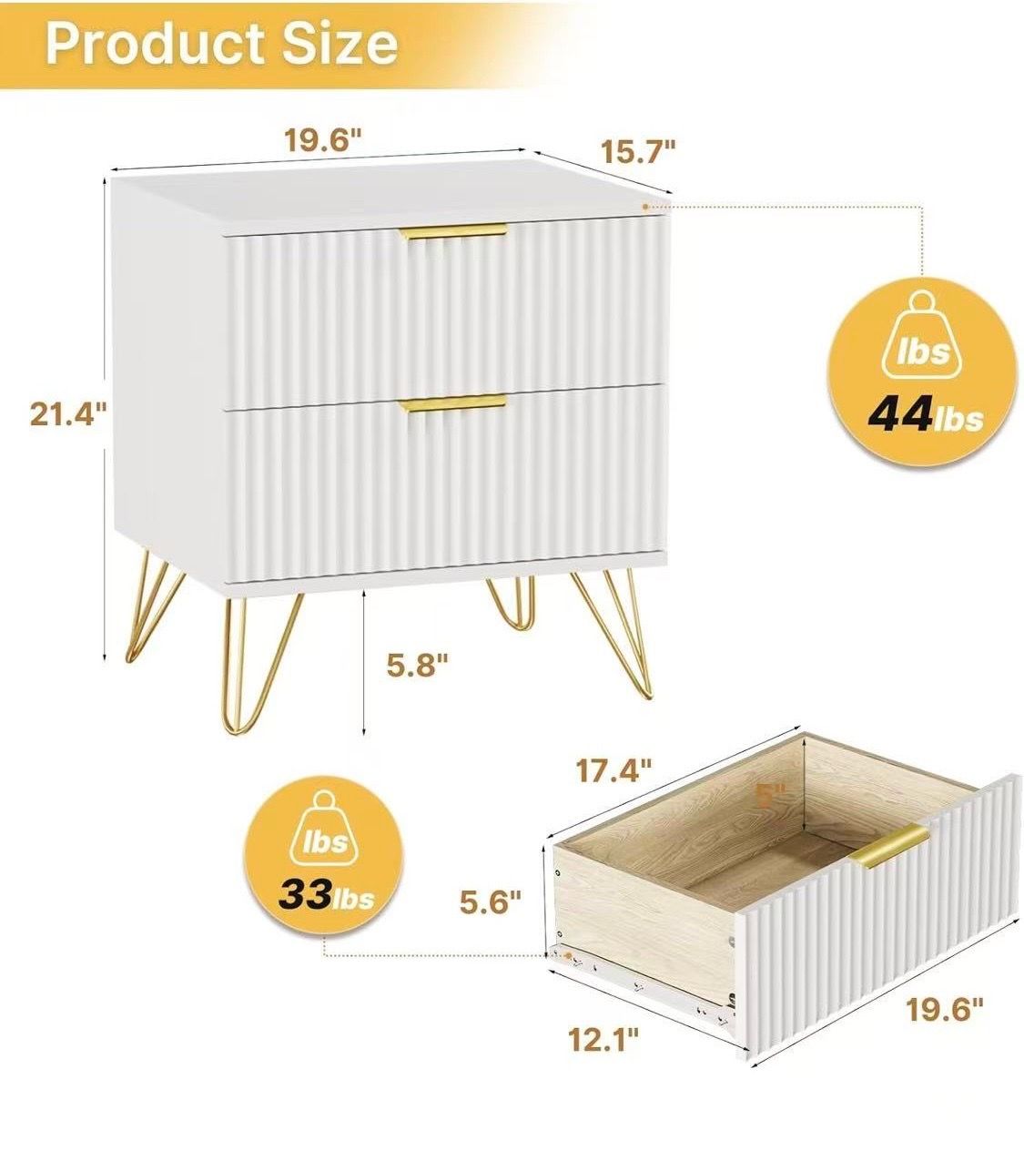 😀 2Pcs White Nightstand, Modern Night Stand Bedside Table with 2 Storage Drawer, Bed Side End Table with Golden Handles and Legs for Bedroom, White