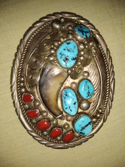 Sterling silver turquoise red coral bear claw belt buckle