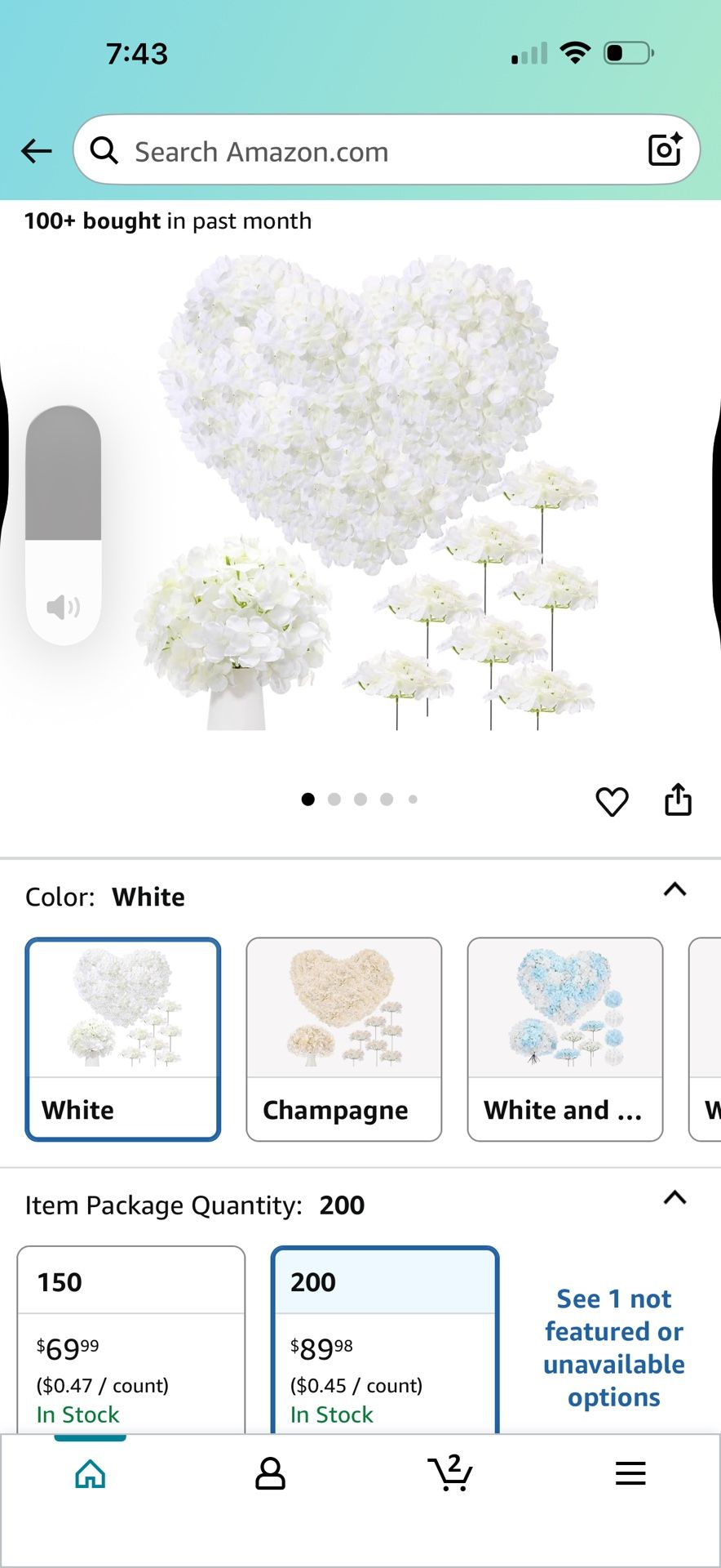 Zeyune 200 Pcs Hydrangea Artificial Flowers, Silk Flower Heads with Stems, Fake Hydrangea Bouquet for Wedding Arch Centerpiece DIY Floral Home Decorat