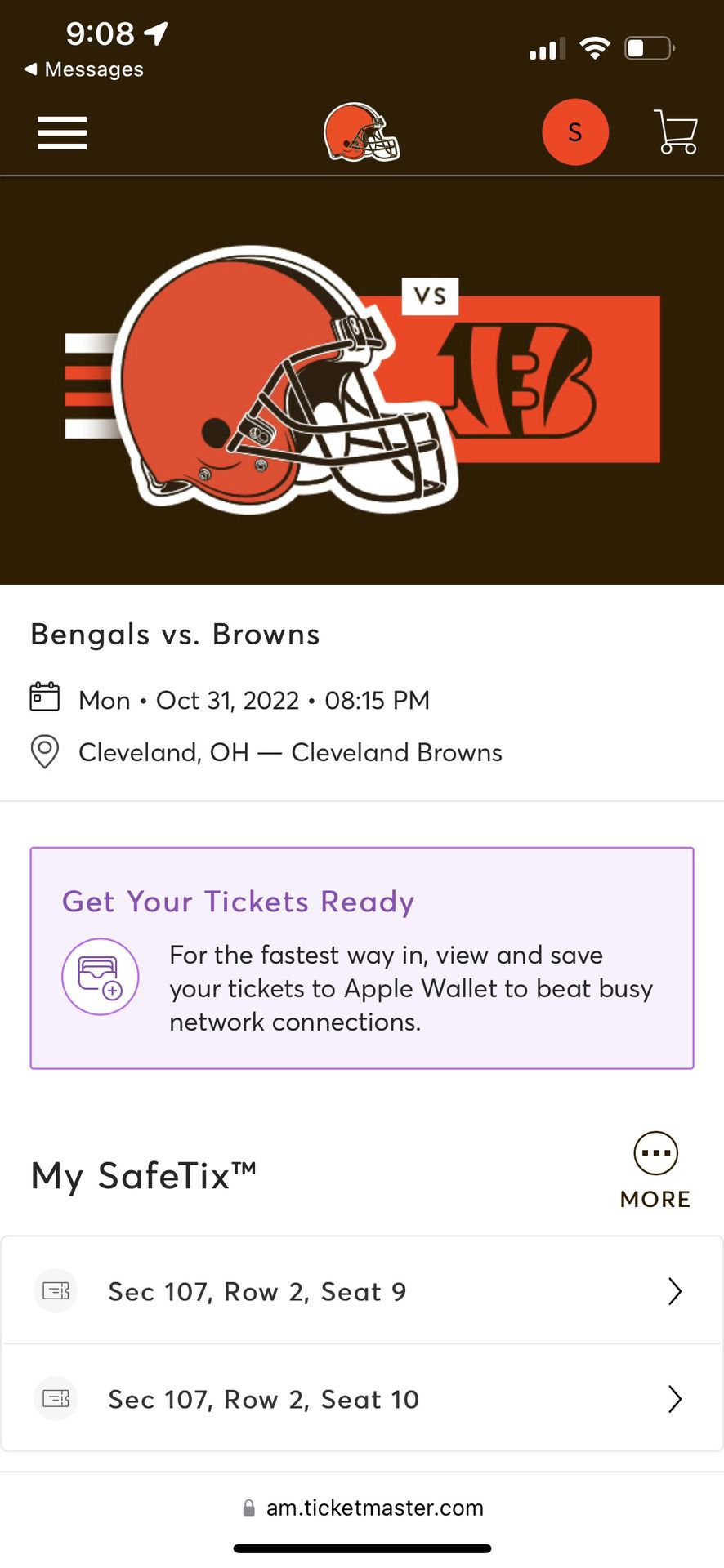 CLE Browns Vs. CIN Bengals Sec107 2nd Row, 2 Tickets