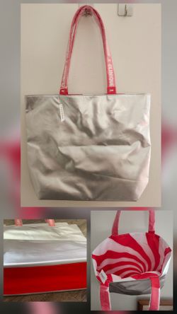Clinique Silver Tote Bag  With Red & White Swirl Lining 