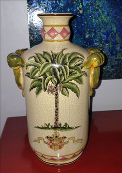Vintage Musa Paradisiaca Crackle Glaze Vase Hand Painted PalmTree Ceramic 12"