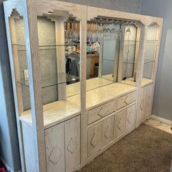 Light Wood Hutch with Mirror, Wine Rack, Cabinets and Drawers