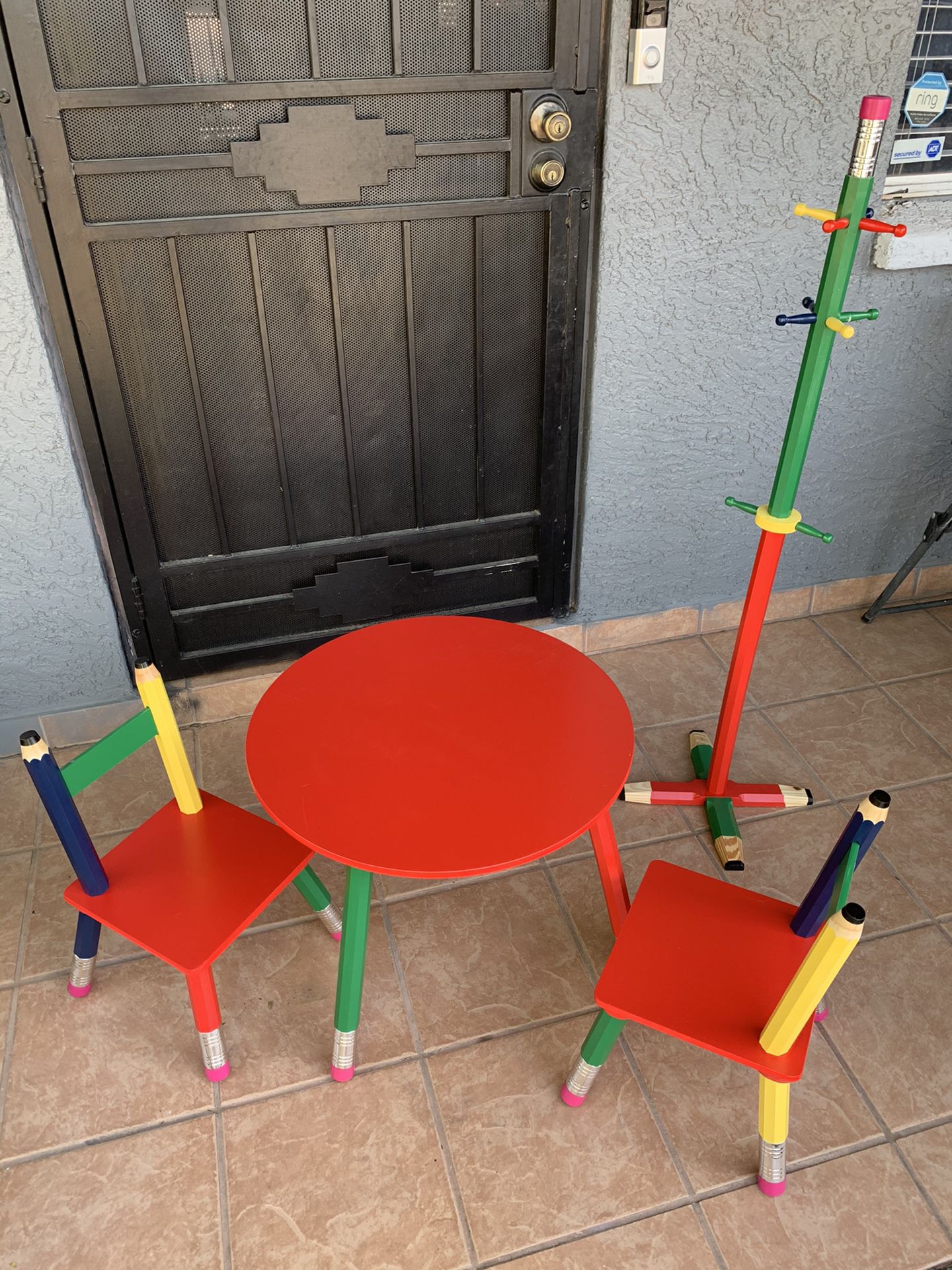 Kids pencil table desk, chairs and coat rack