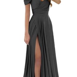 Womem's Off The Shoulder Bridesmaid Dresses with Slit Satin Formal Gowns Long Prom Evening Party Dress with Pockets
