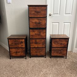 Tall dresser and night stand set wood and metal frame cloth drawers
