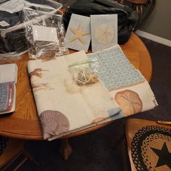 BATHROOM SET SHOWER CURTAIN, SEASHELL HOOKS, 2 WALL ART 