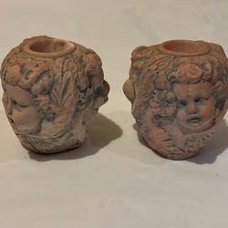 Vintage Pate & Base Small 3" Cherubs Babies cast stone candle holder cute 3D